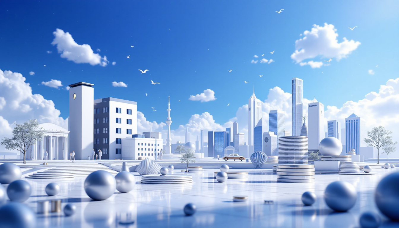 A 3D illustration of blockchain's Cross-Chain Interoperability Protocol in a sleek urban landscape.