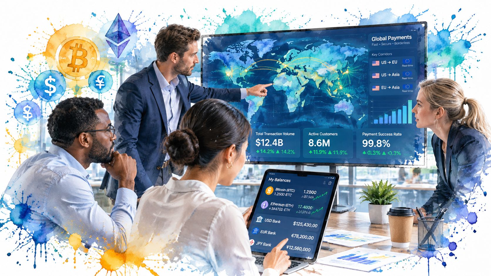 A professional team reviews global payment data and digital currency balances on digital screens in a meeting.