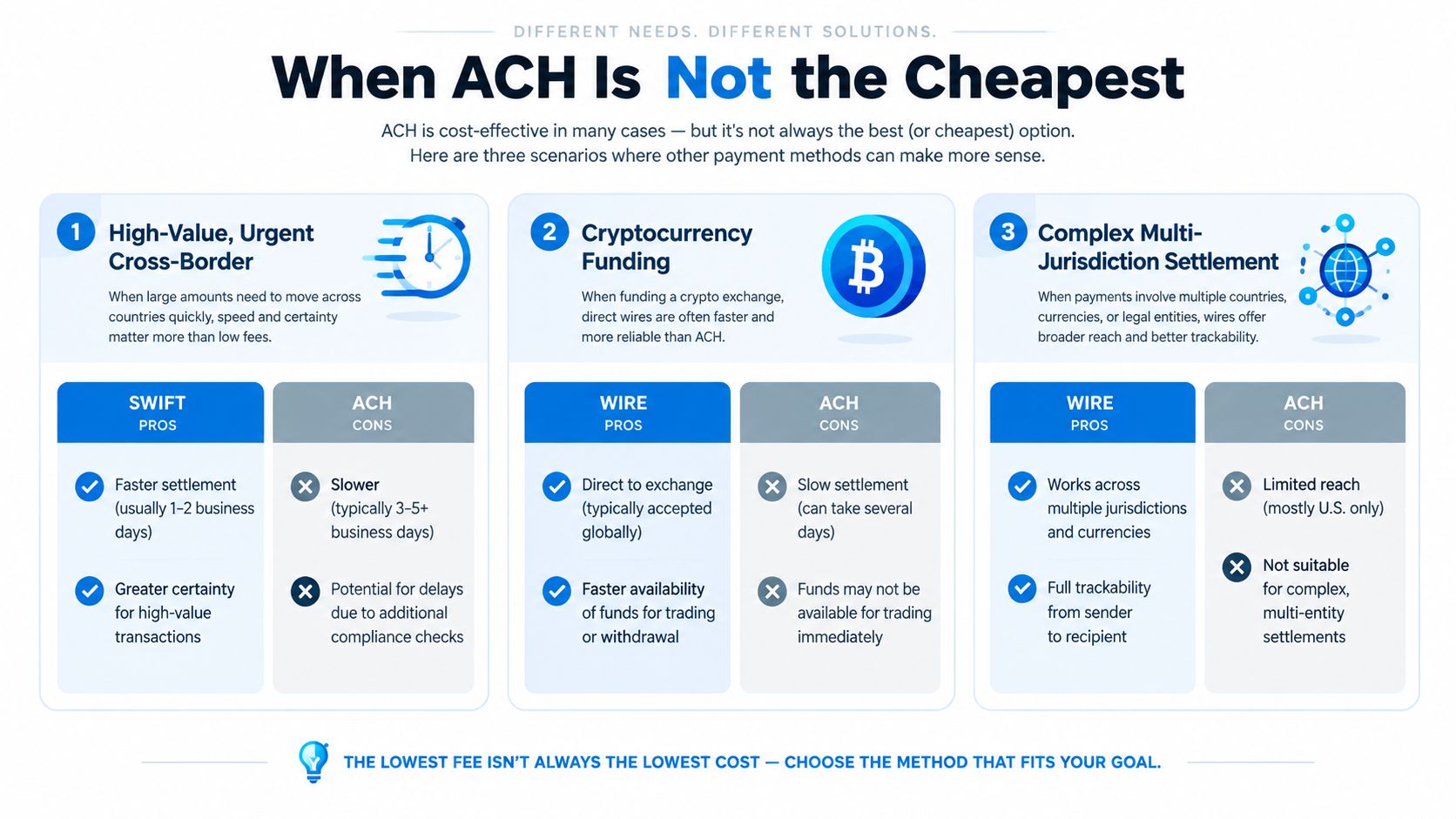 An infographic comparing ACH payments with SWIFT and wire transfers for different business financial scenarios.