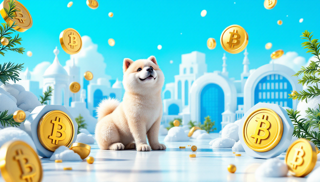 3D illustration depicting a Dogecoin price surge in a calm urban setting with neon lighting.
