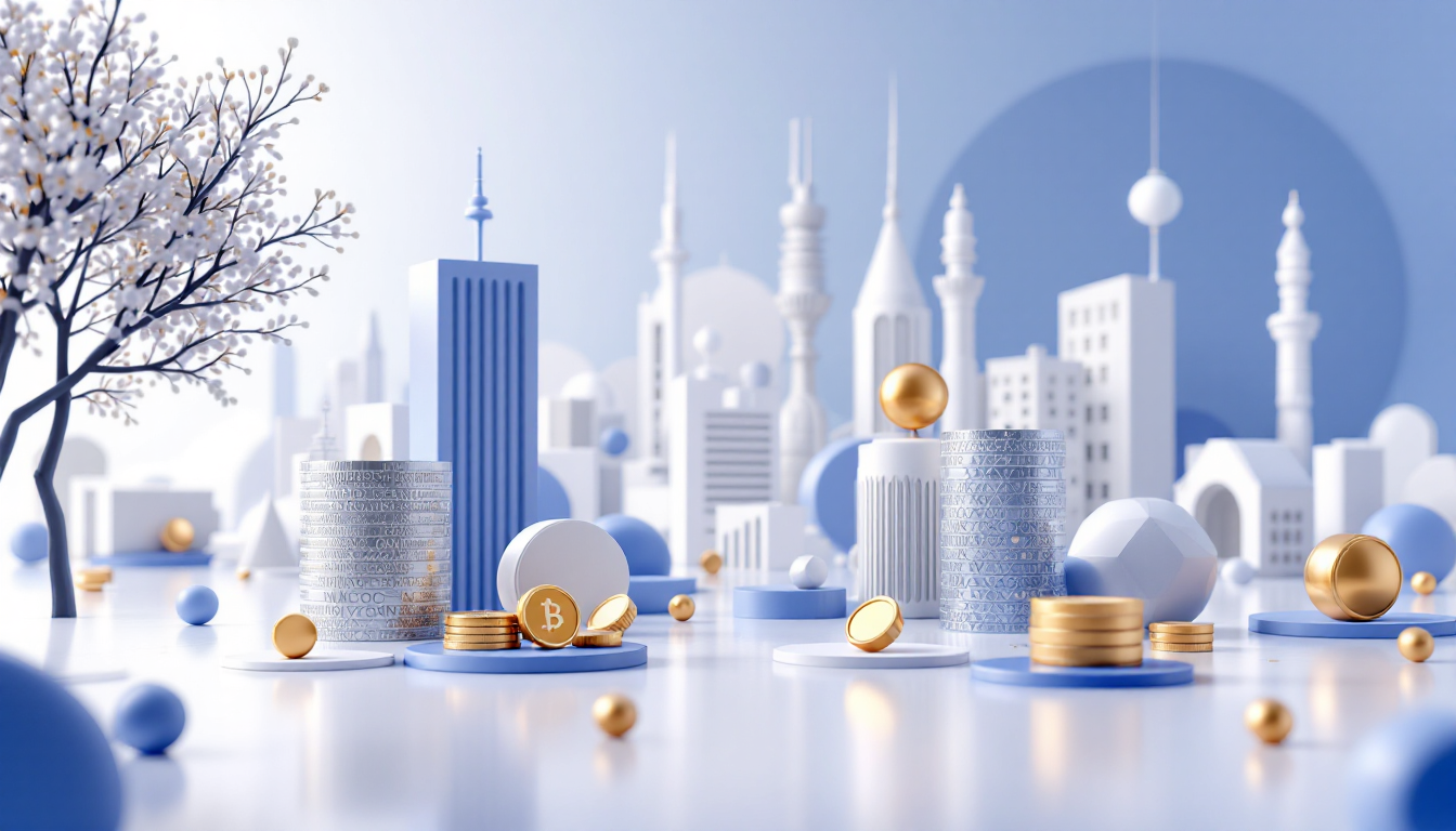 3D illustration depicting Bitcoin trading volume rising to $7.5B, featuring a serene urban skyline.