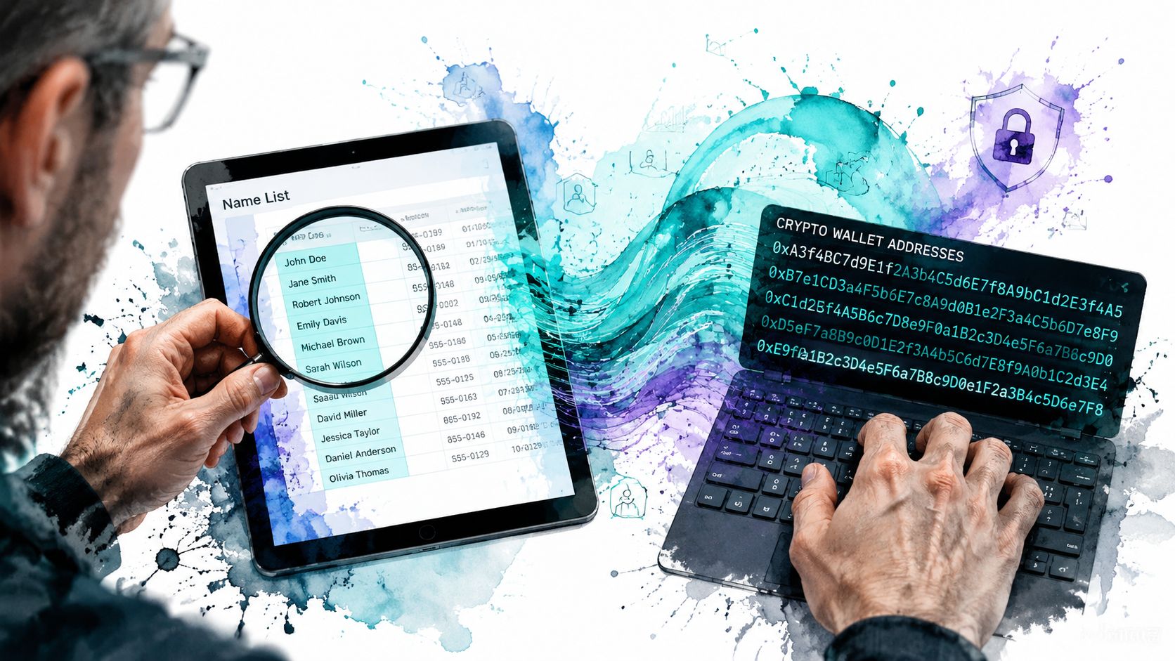 A person using a magnifying glass on a tablet name list and typing crypto wallet addresses on a laptop.