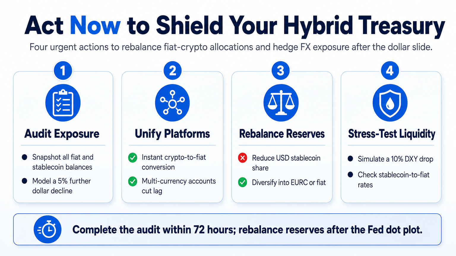 Infographic with four action cards for crypto treasury management: auditing exposure, unifying platforms, rebalancing reserves, and stress-testing liquidity.