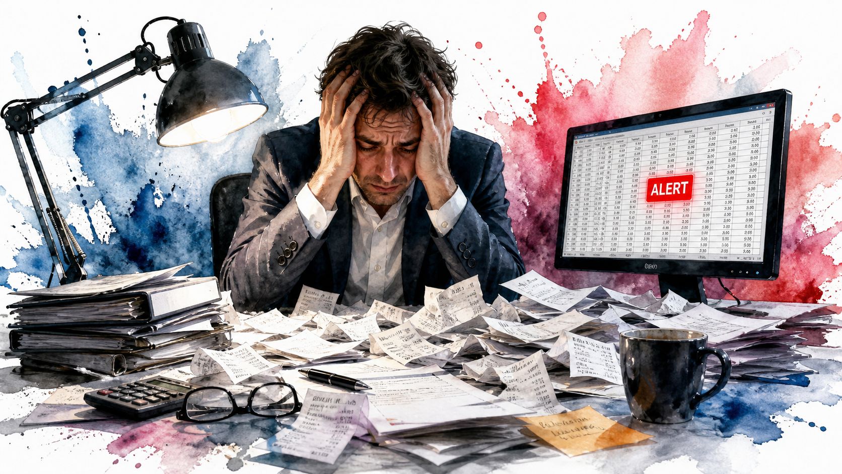 Stressed businessman overwhelmed by mounds of financial paperwork and expense receipts at his cluttered office desk.