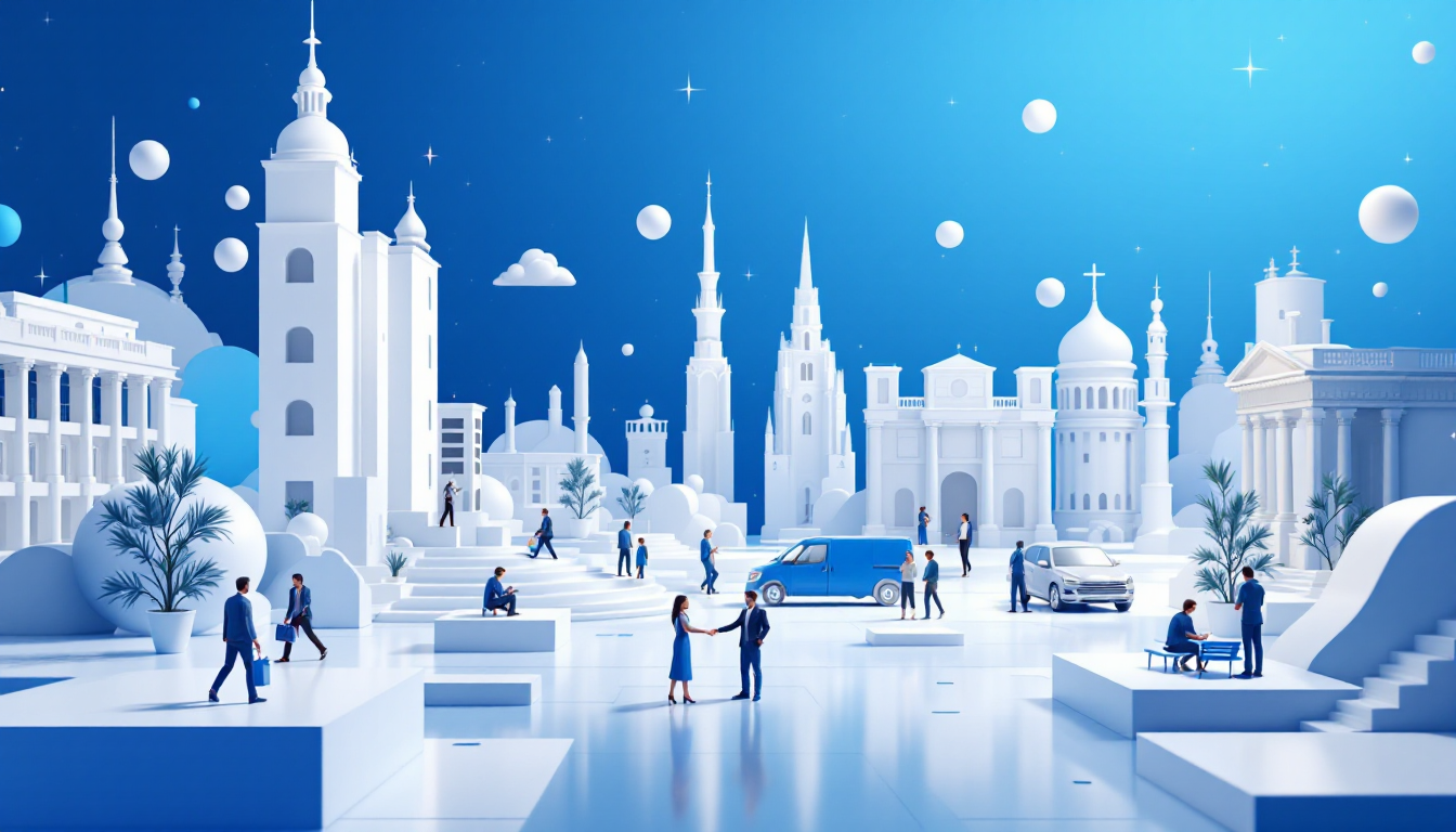 3D illustration depicting price oracles in DeFi, with a blue to white gradient and urban skyline.