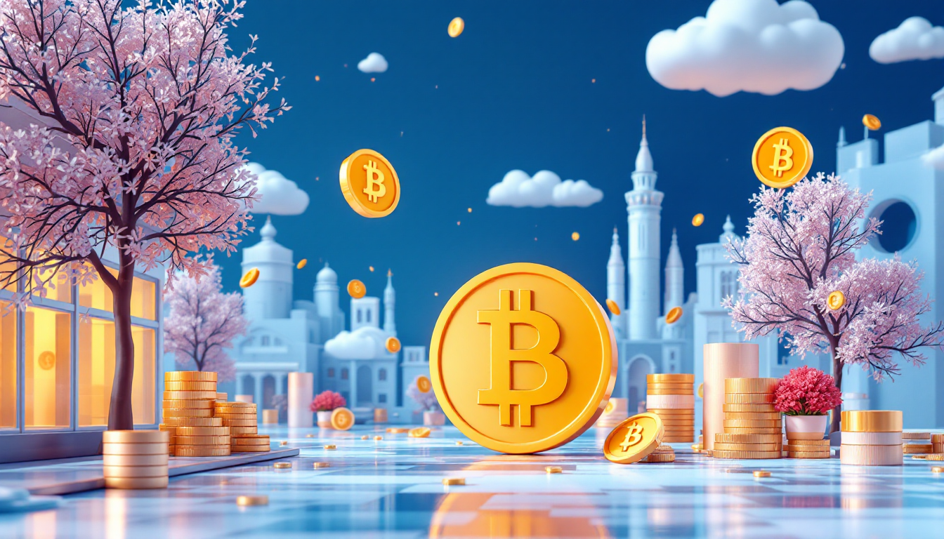 A 3D realistic illustration of crypto airdrops in a futuristic urban setting with soothing colors.