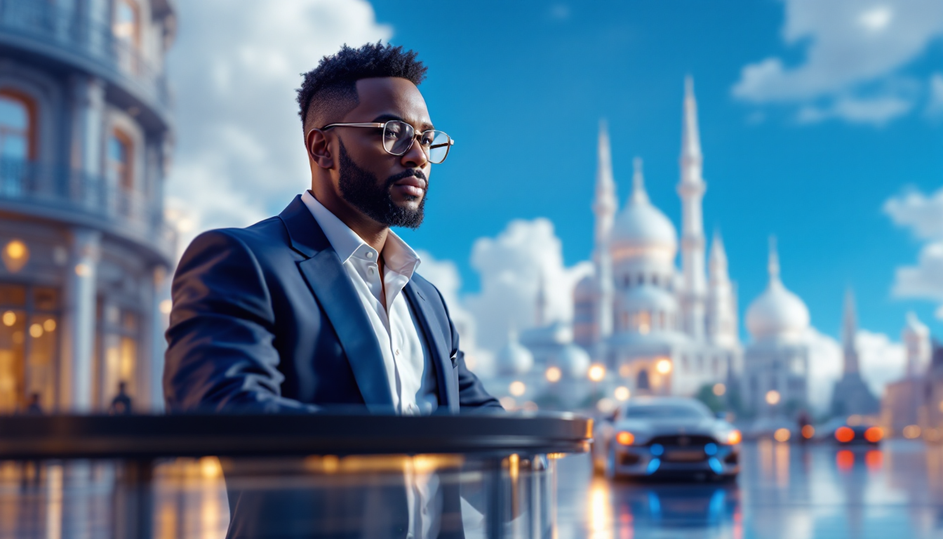 3D illustration of Quincy Jones discussing XRP's future, featuring a blue to white gradient skyline.