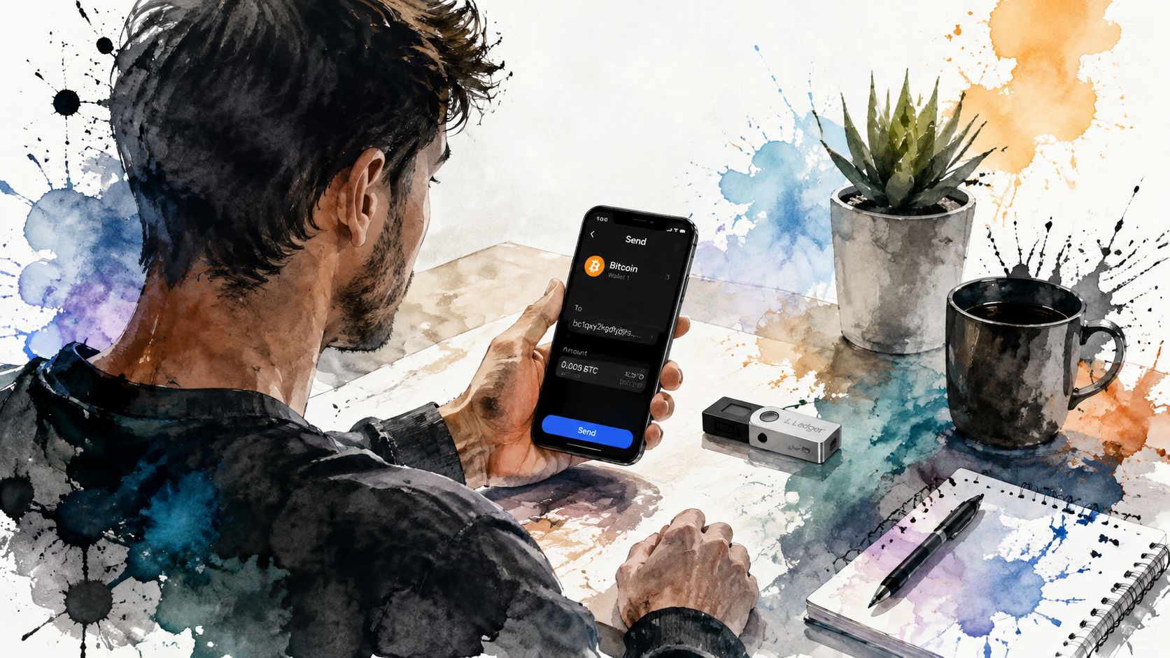 A man using his smartphone to send Bitcoin via a Ledger hardware wallet in a studio setting.