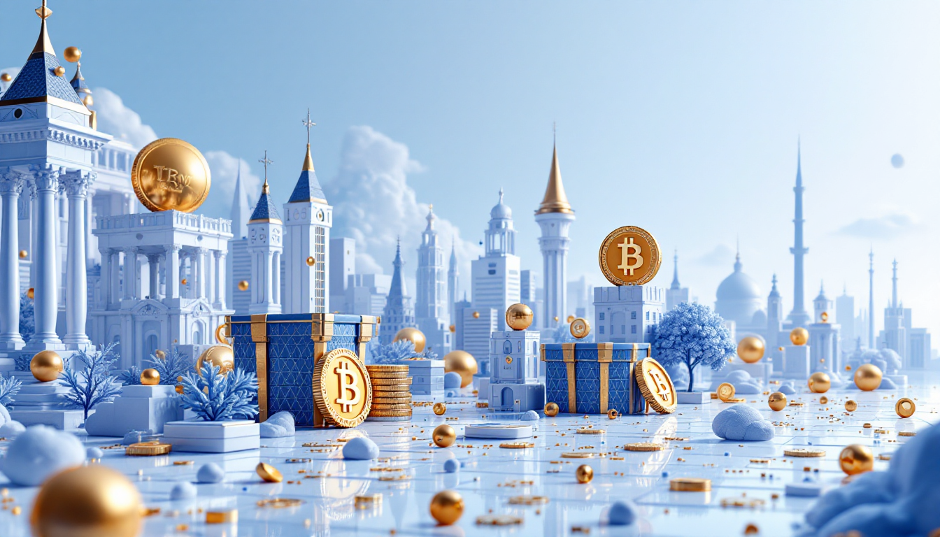 3D illustration depicting turmoil in TRUMP memecoin with blue and white gradient, urban backdrop.