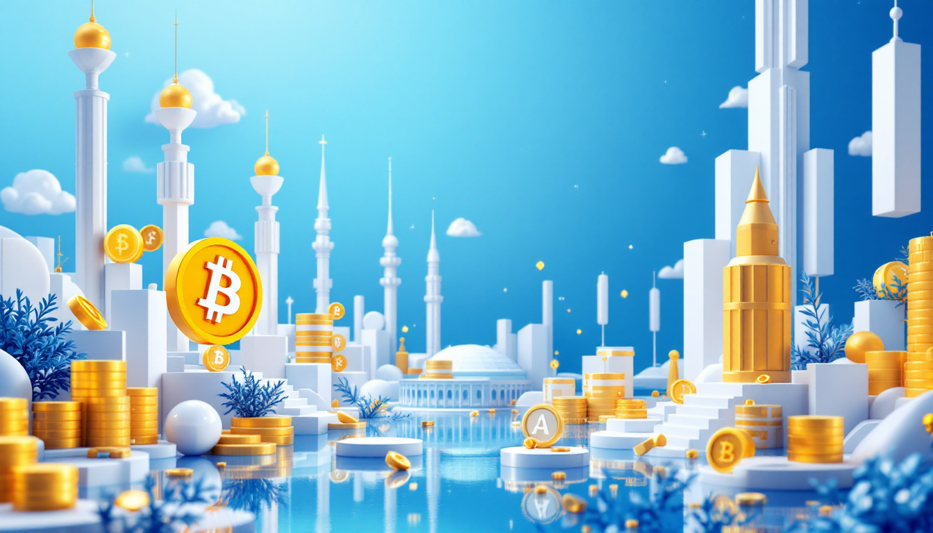 A 3D illustration featuring Bitcoin and altcoins, with a blue-to-white gradient background.