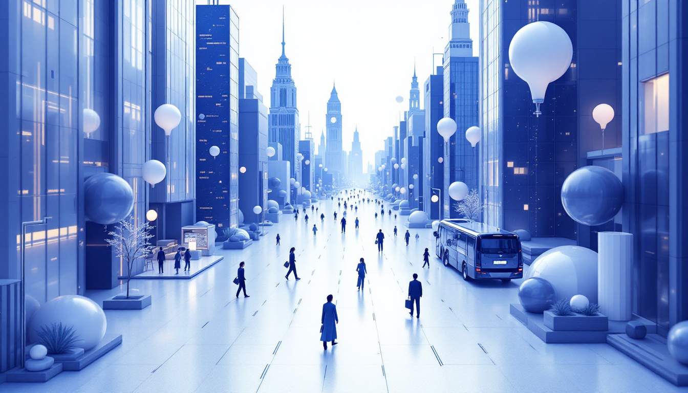 A 3D illustration depicting BitMart's restructuring with symbolic objects in a calm urban setting.