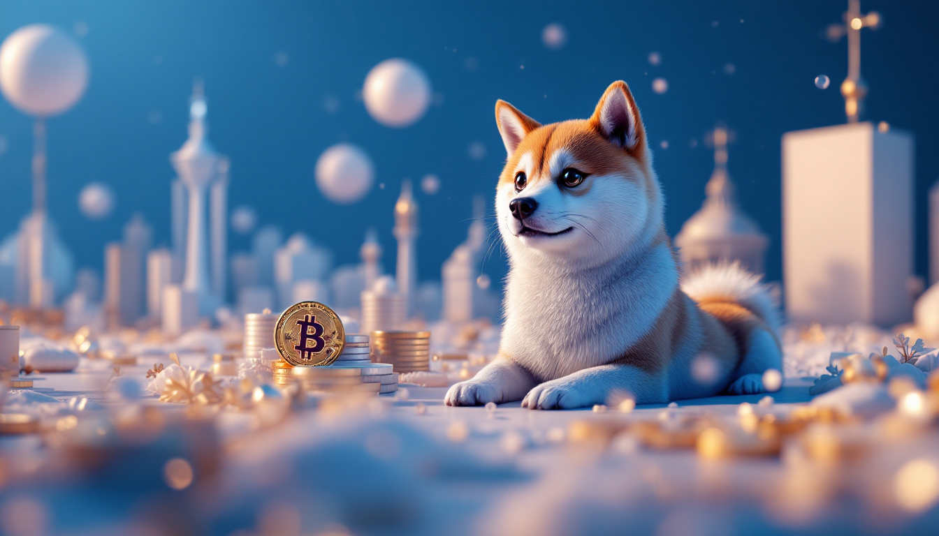 A 3D illustration analyzing Ethereum, Bitcoin, and Shiba Inu trends with a modern urban skyline.