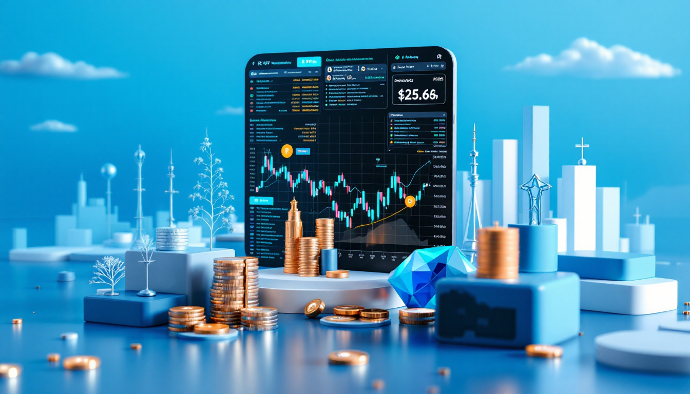 A 3D illustration of XRP spot ETFs surge with a blue-white gradient background and elegant skyline.