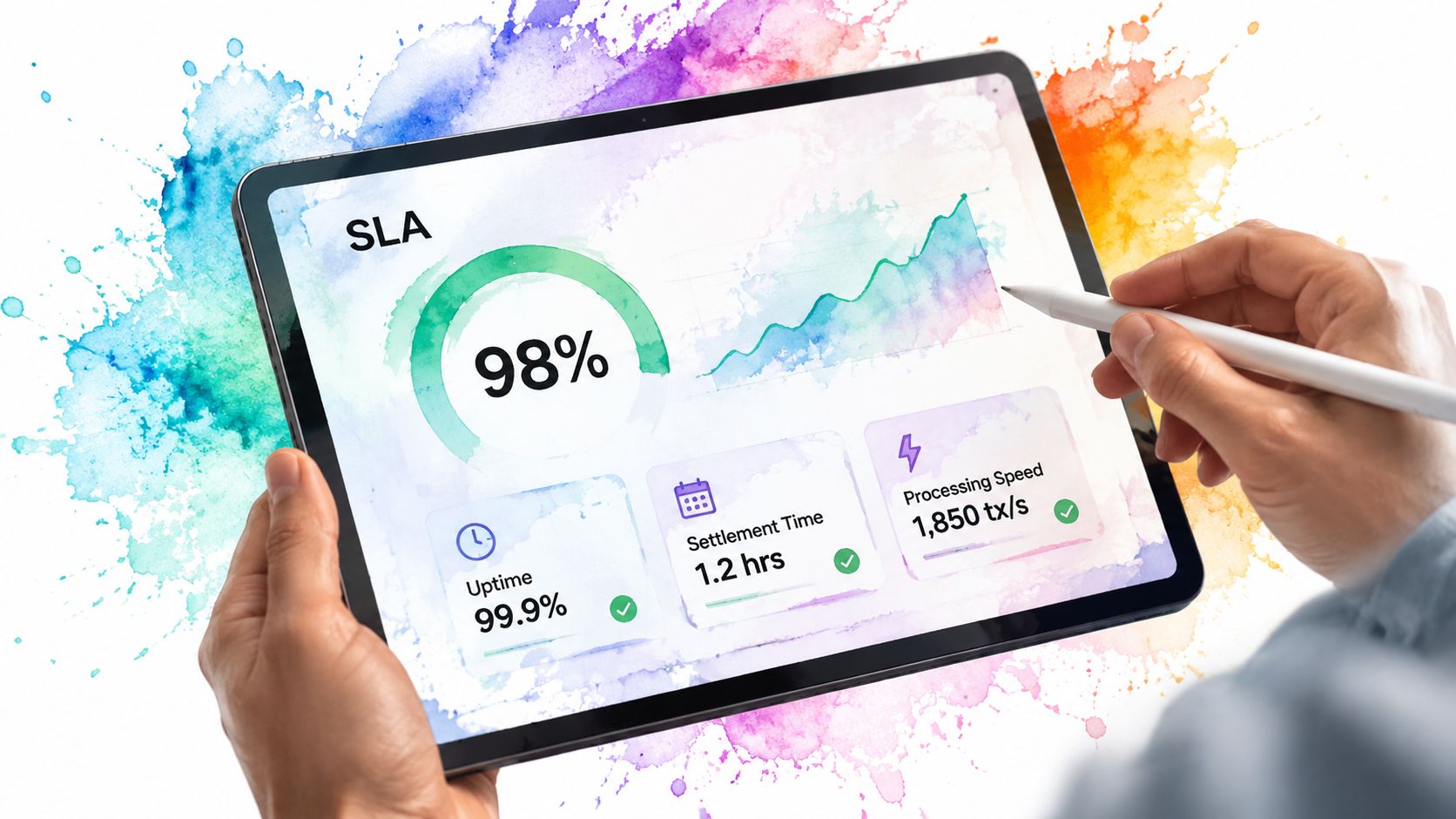 A person using a stylus on a tablet displaying business SLA performance metrics and data visualizations.