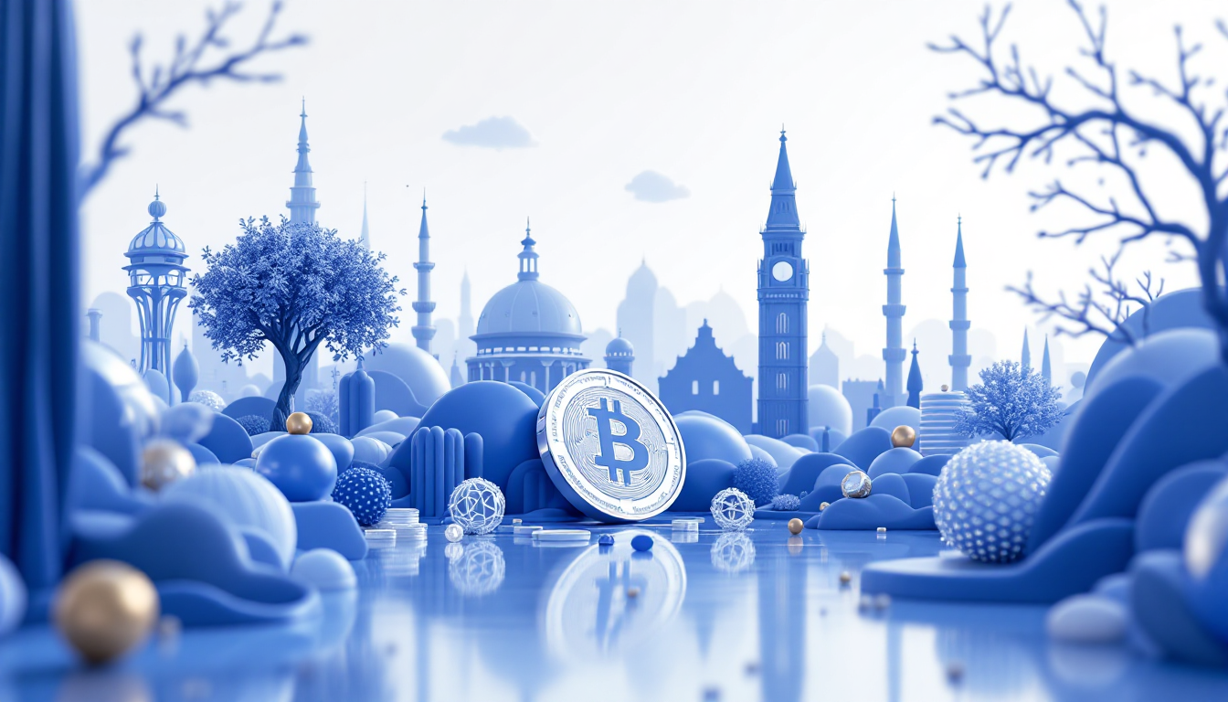 A 3D illustration showing XRP's market shift with symbolic objects in a calm urban setting.