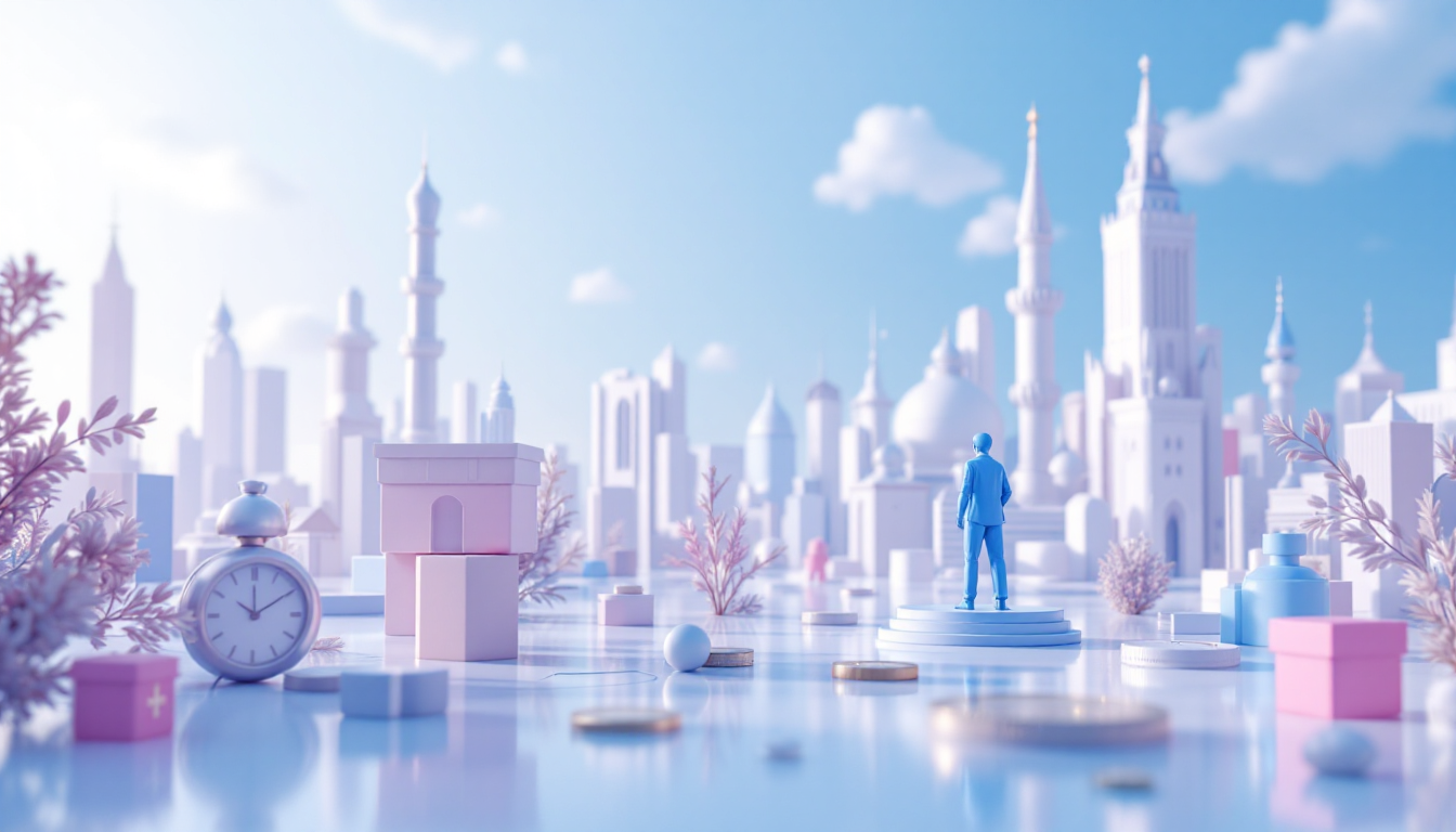 A 3D illustration depicting Brent Kovar's Ponzi scheme with urban skyline and soft neon lighting.