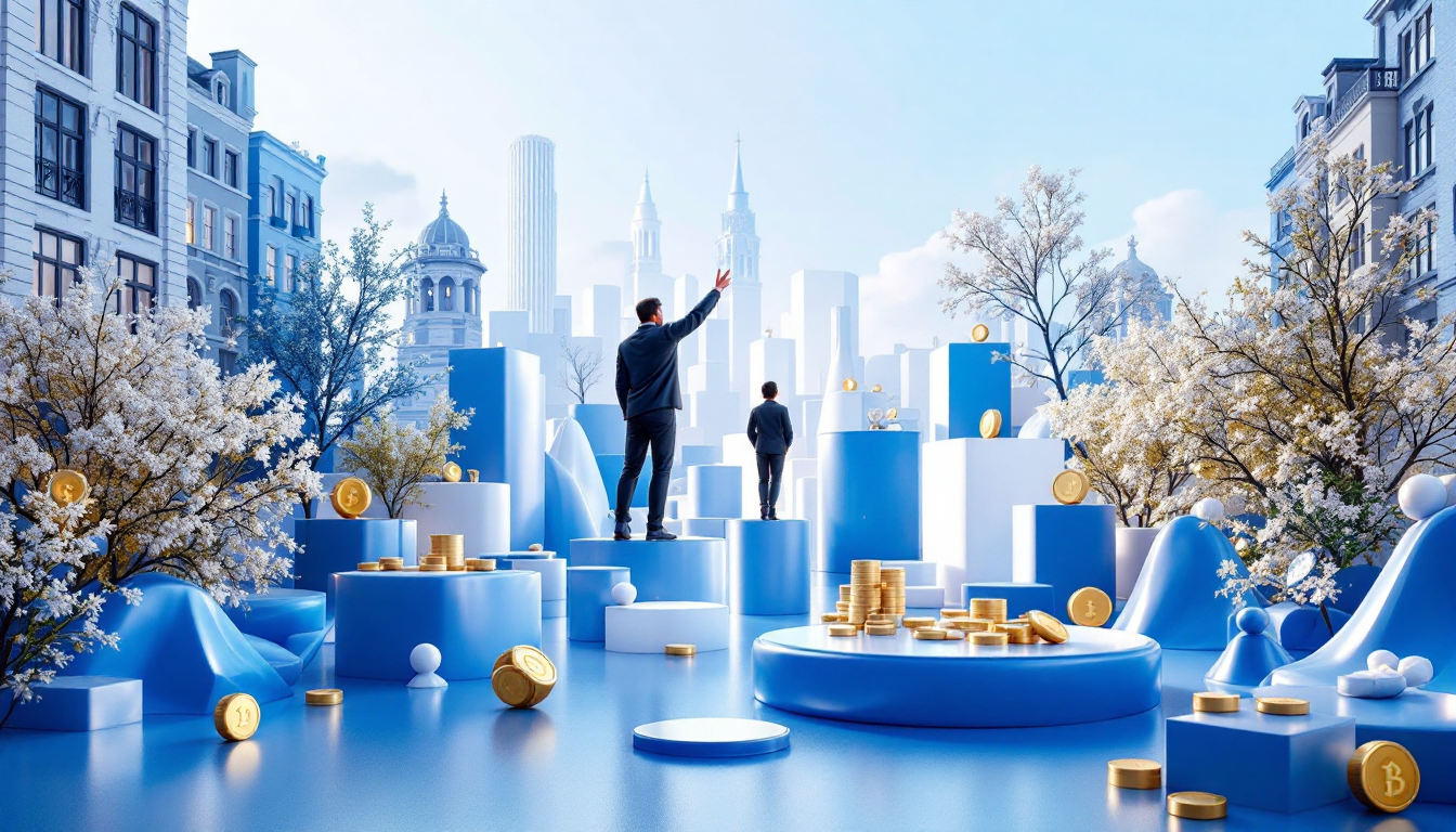 3D illustration depicting cryptocurrency trends for 2023 with blue and white gradient background.