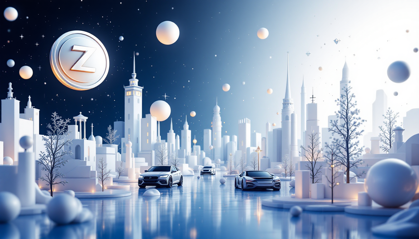 A 3D illustration depicting Zcash's ETF with blue and white gradient background and urban skyline.