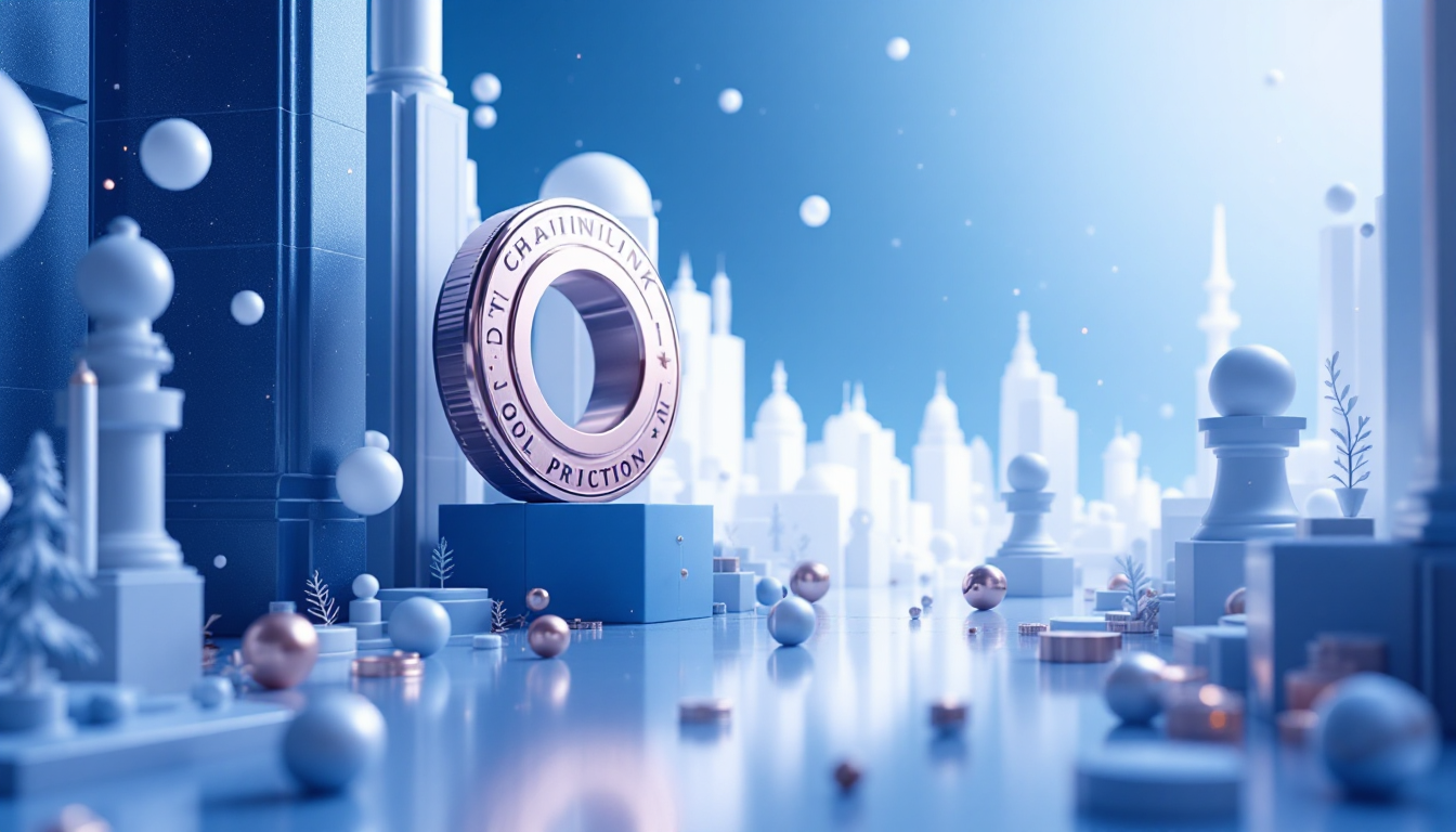 3D illustration depicting Chainlink LINK price prediction with blue to white gradient background.
