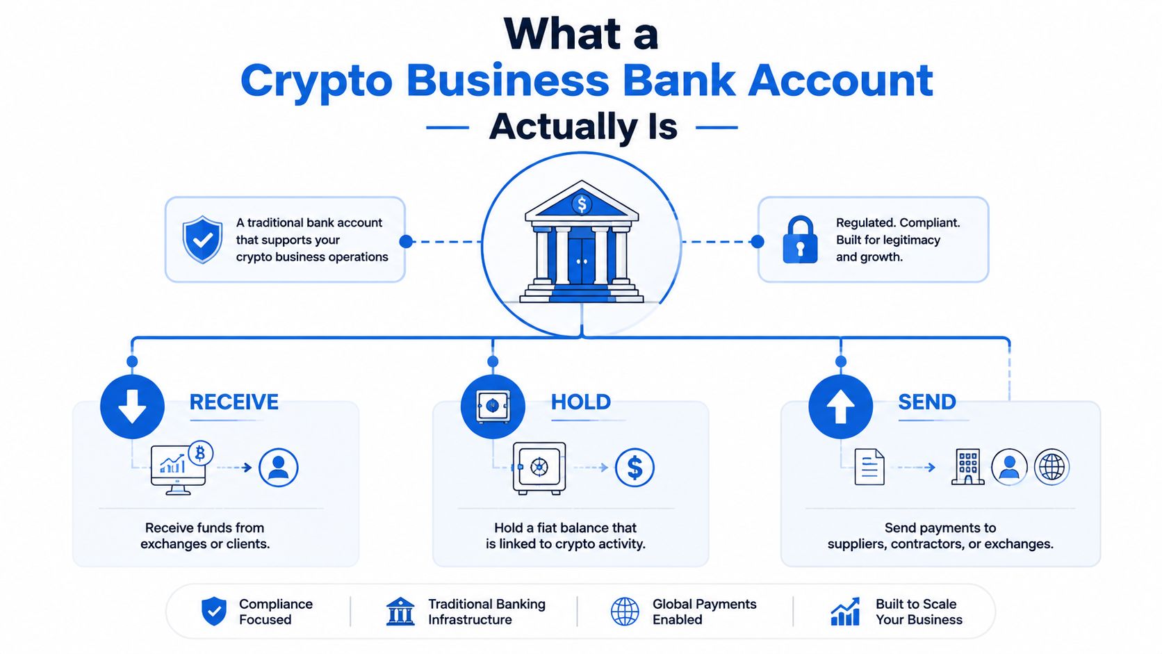 An infographic explaining the key functions and benefits of a traditional bank account for crypto businesses.