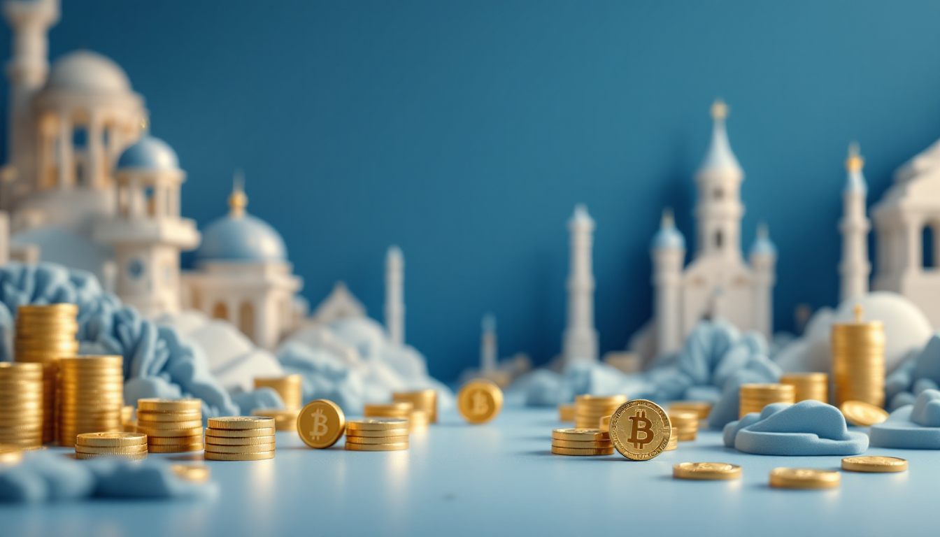 A 3D representation of Bitcoin nearing resistance levels, set in a calm, futuristic urban skyline.