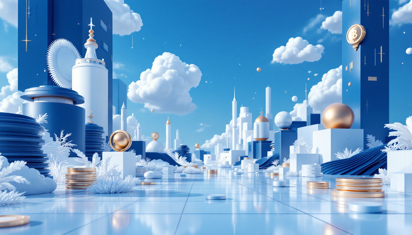 3D illustration of BlackRock's tokenized treasury products amid a futuristic skyline in calm colors.