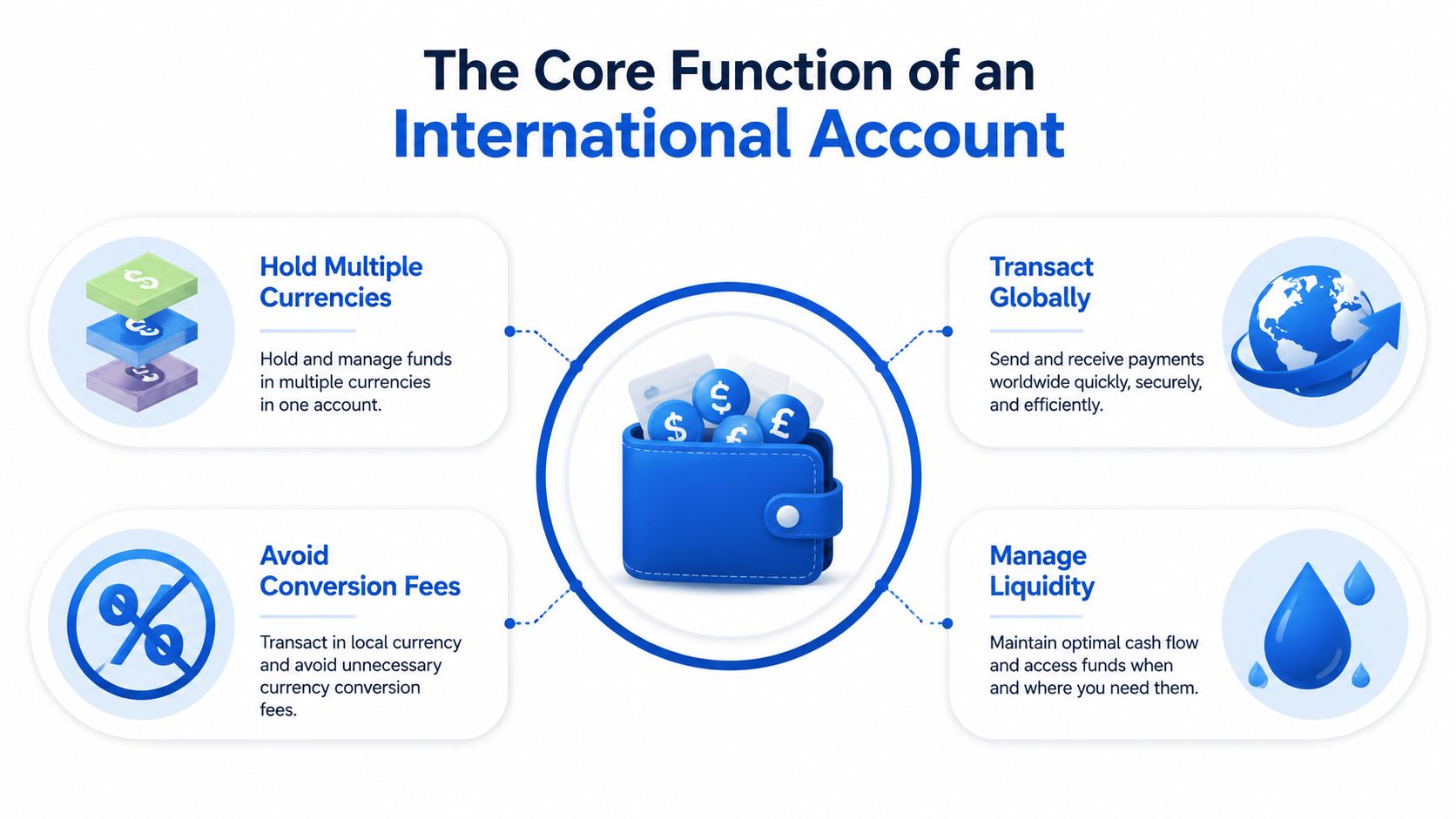 An infographic showing the four core functions of an international banking account, including currency management and global transactions.