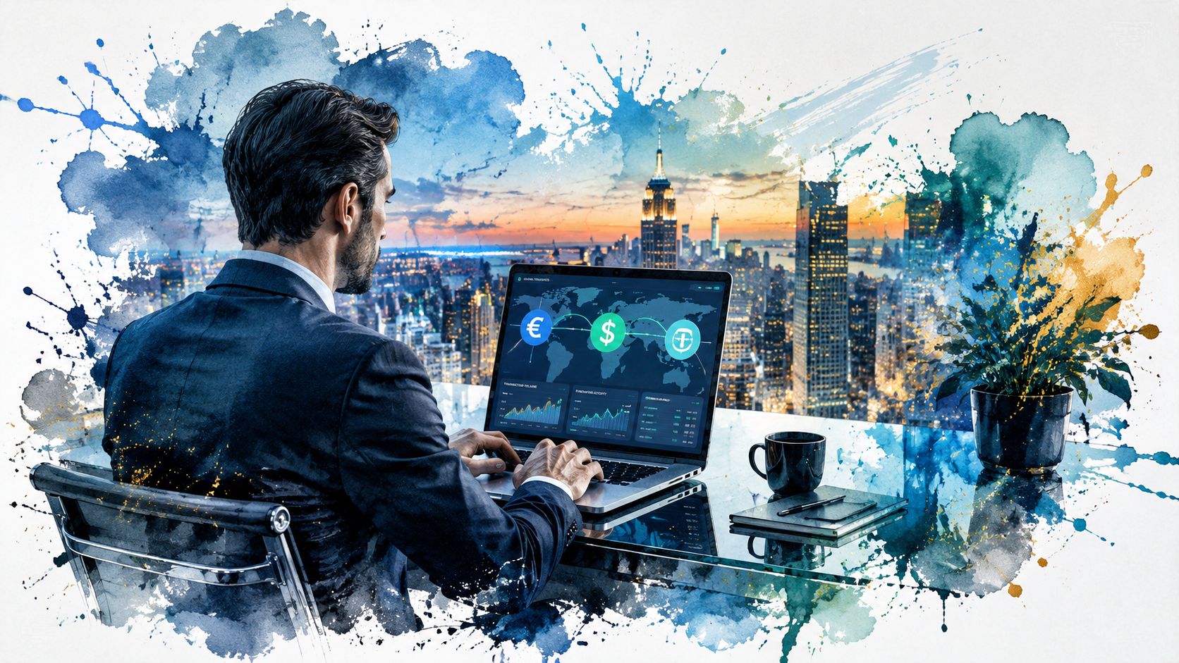 A professional man in a suit working on financial data on his laptop overlooking city skyscrapers.