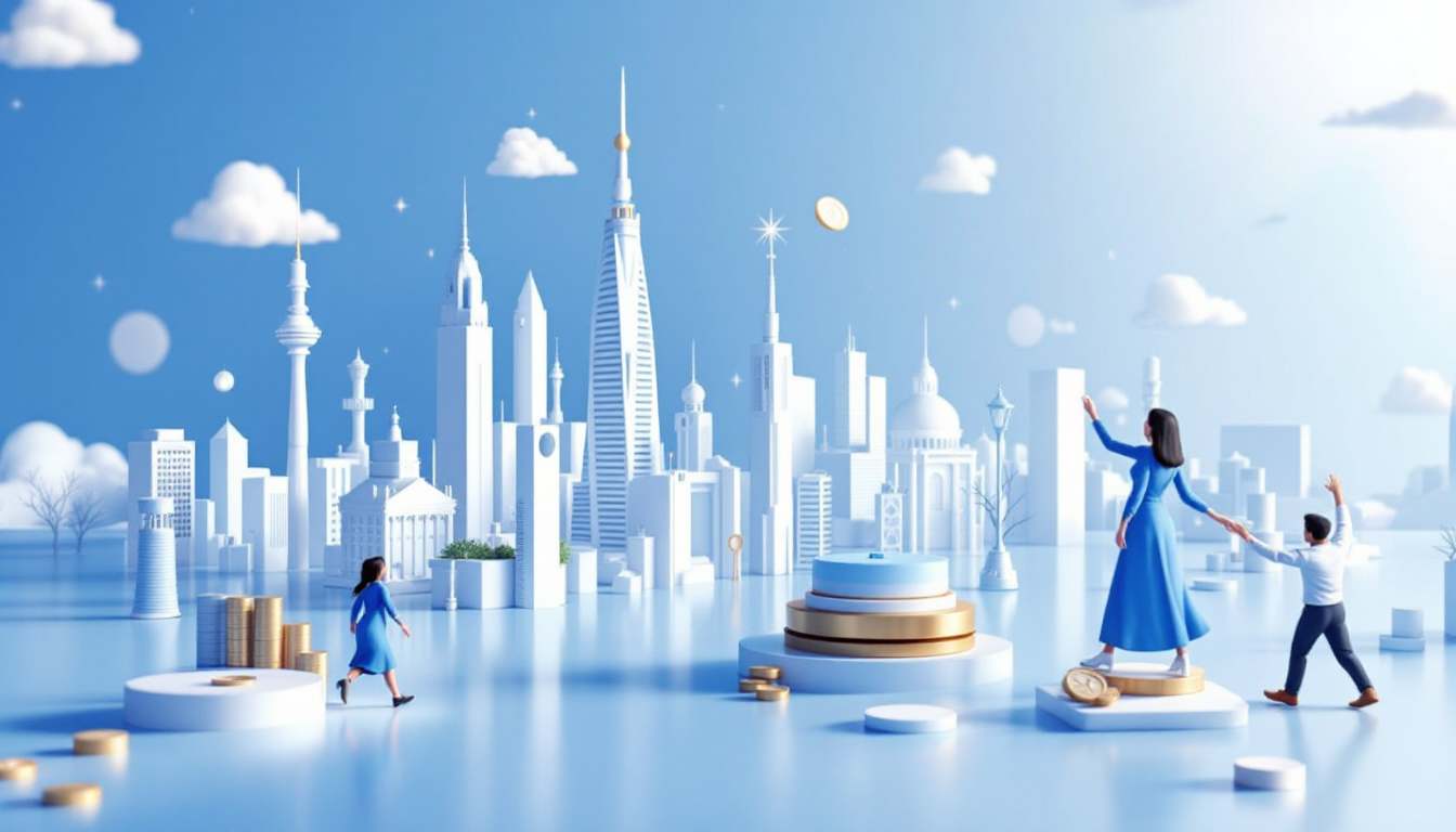 3D illustration of Solana's price surge, with a blue to white gradient and futuristic urban skyline.