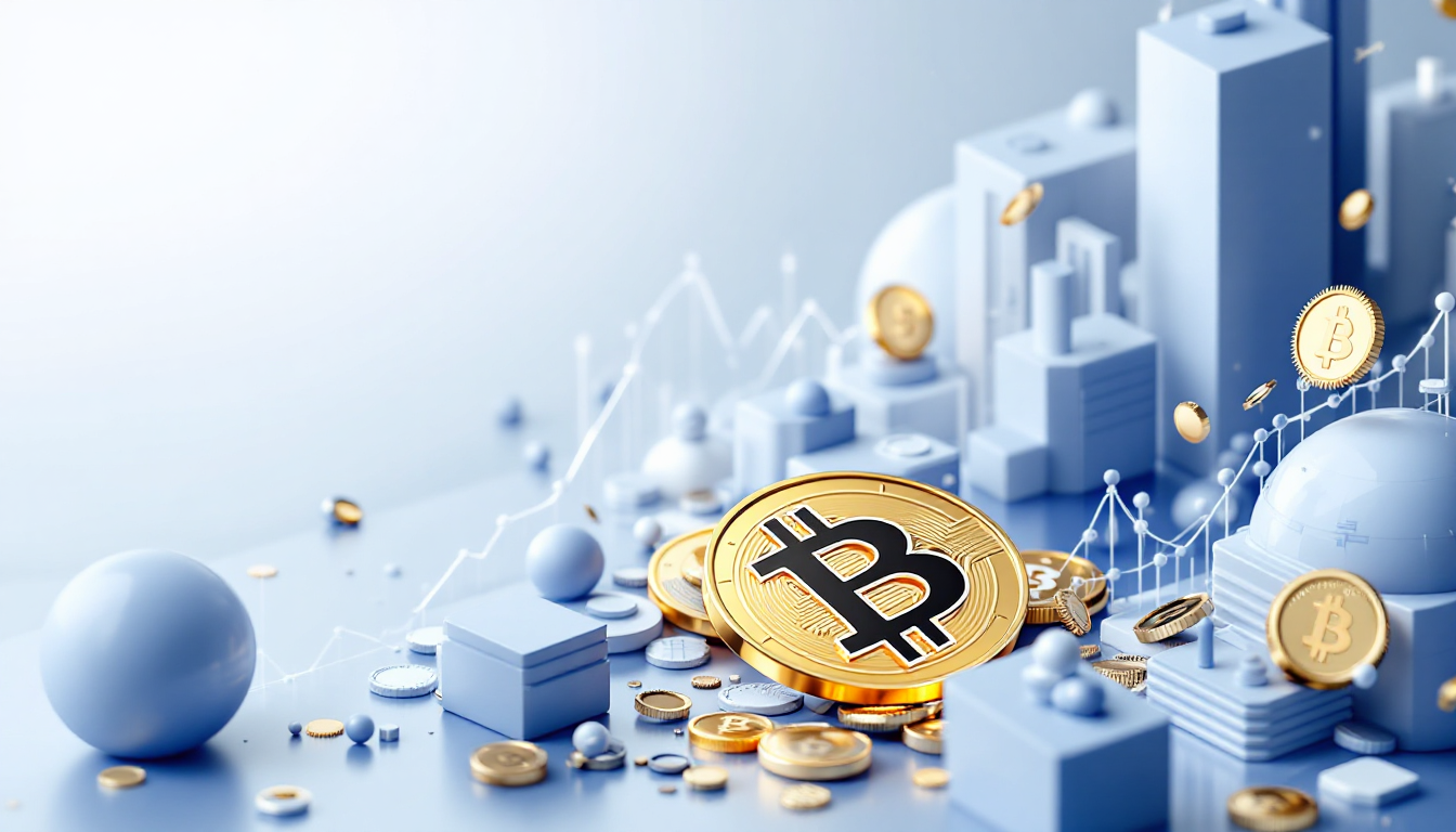 3D illustration of XRP ETF trading volume with blue to white gradient, showcasing urban elements.