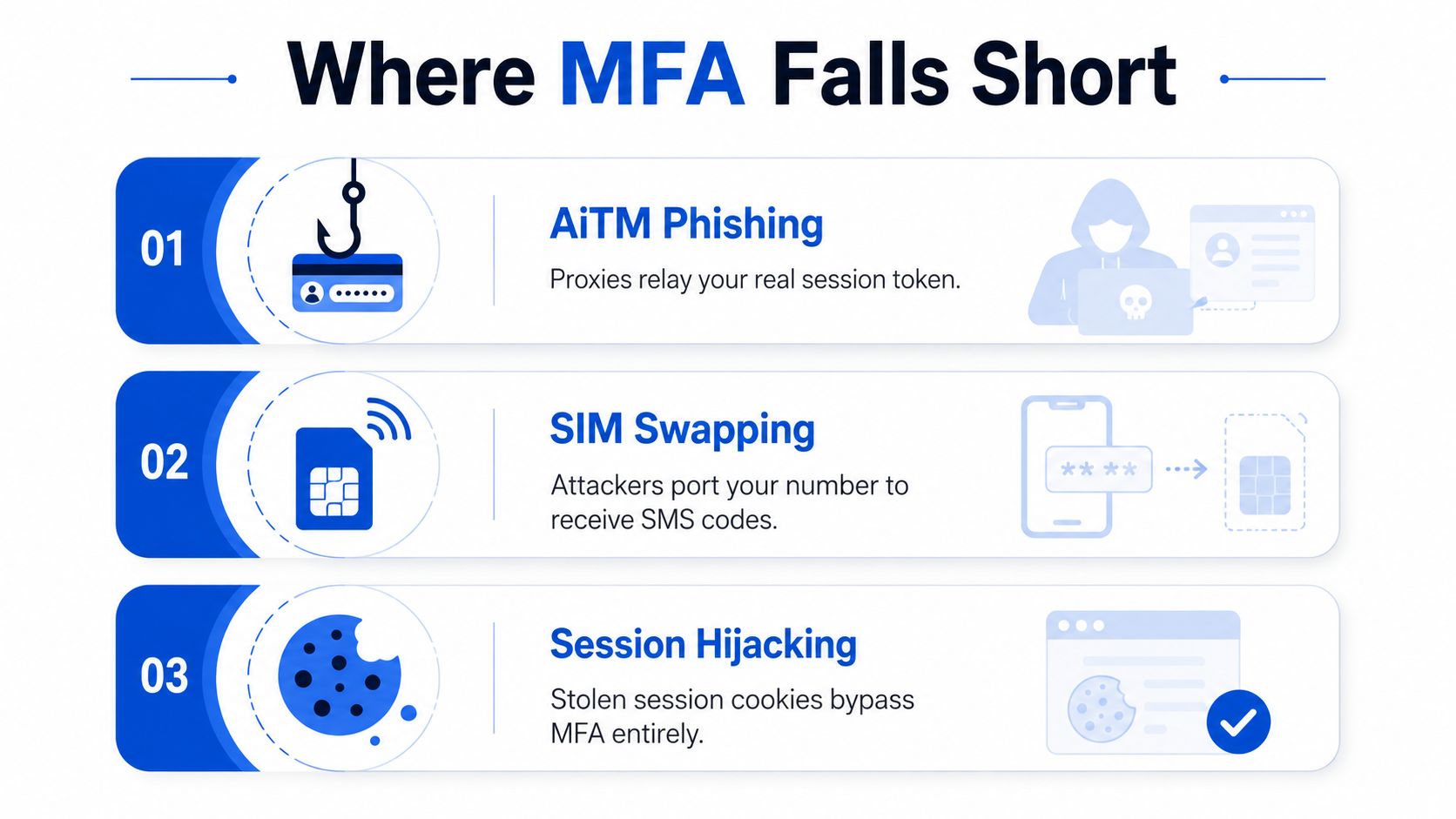 An infographic titled Where MFA Falls Short explaining AiTM phishing, SIM swapping, and session hijacking vulnerabilities.