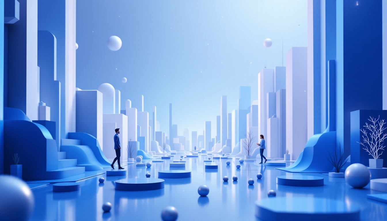 A 3D illustration of XRP cryptocurrency rising, with a blue to white gradient and urban backdrop.
