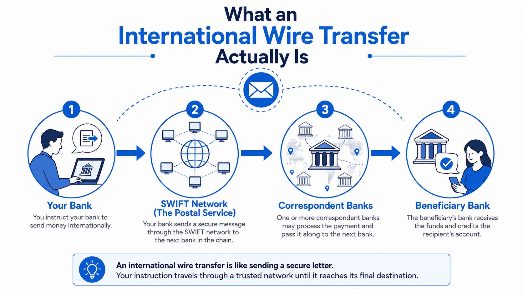 A four-step infographic illustrating how international wire transfers work via the SWIFT network and correspondent banks.