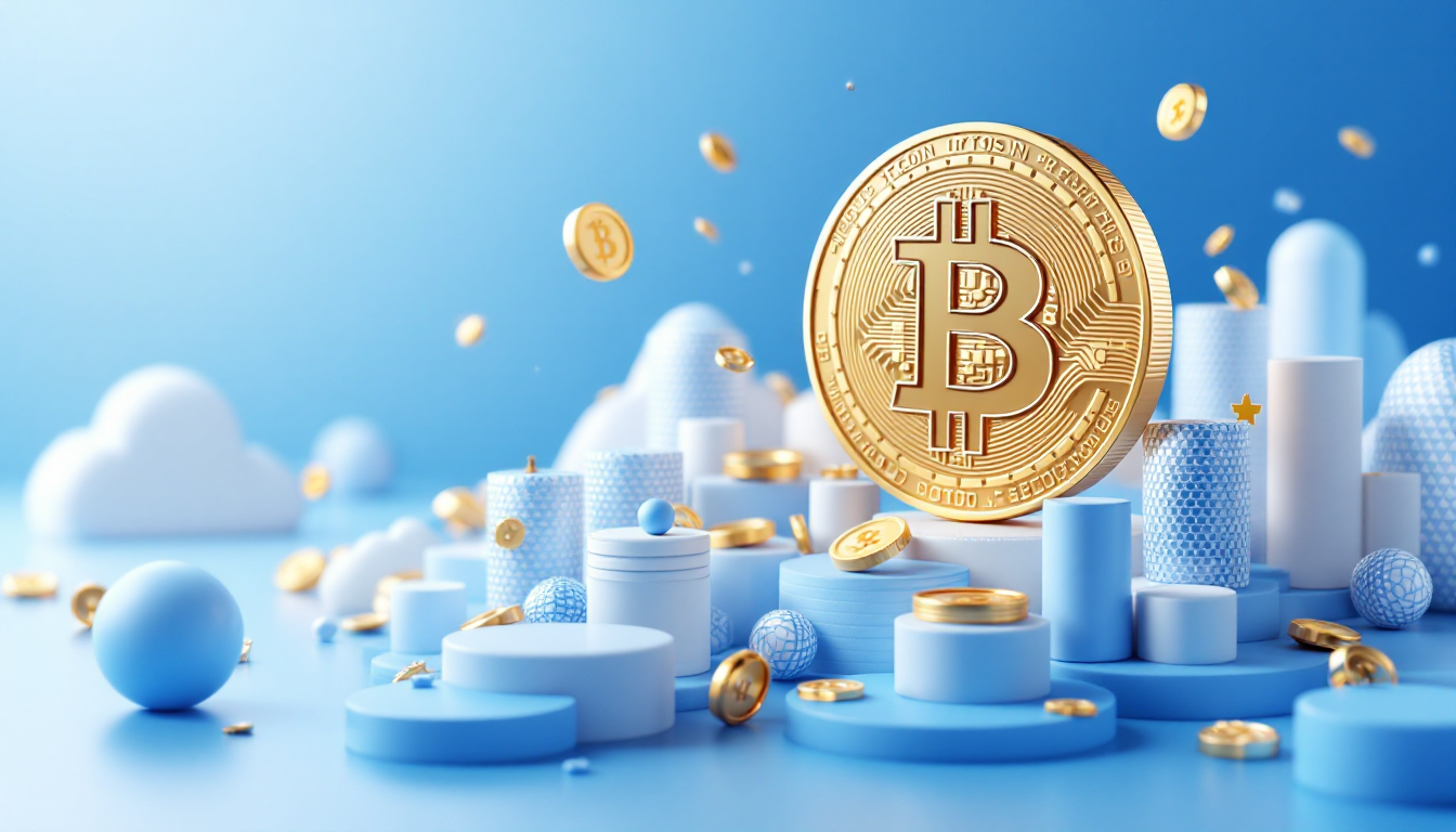 3D illustration showcasing Bitcoin's correlation with gold in a calm, futuristic urban setting.