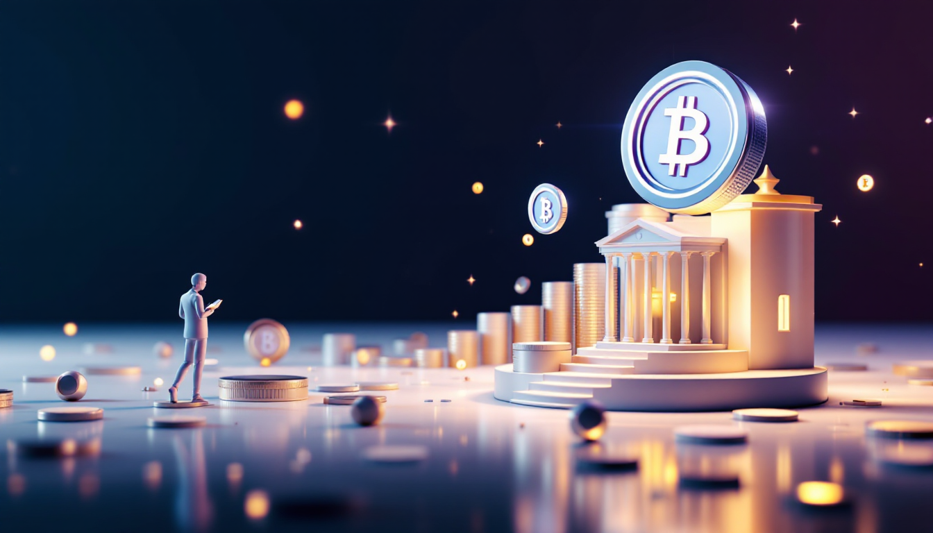 A 3D illustration depicting digital currency regulation, featuring a blue to white gradient skyline.