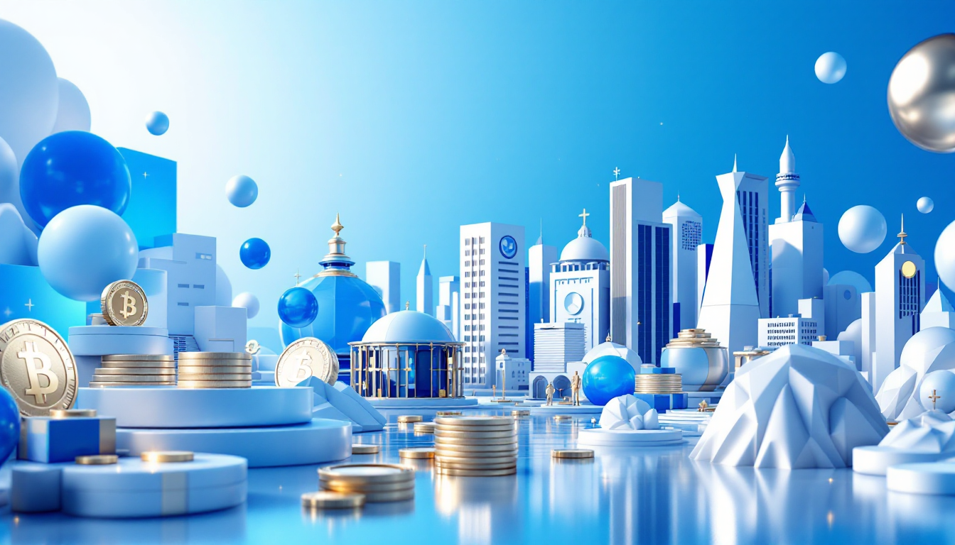 A 3D illustration showcasing the growth of real-world asset transfers in a futuristic skyline.