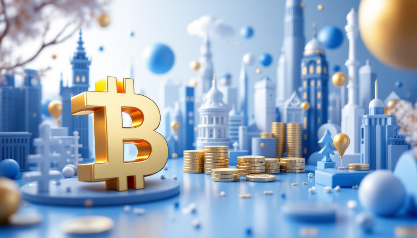 A 3D illustration of Coinbase's trading halt with a blue-white gradient and urban skyline backdrop.