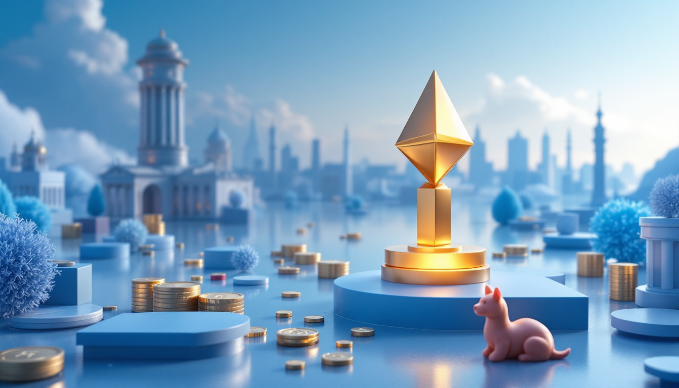 A 3D illustration of the NFT market, emphasizing creator royalties, Ethereum, and digital ownership.