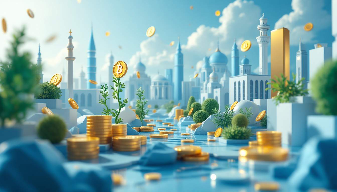 A 3D illustration representing Russia's regulated cryptocurrency market with blue and white tones.
