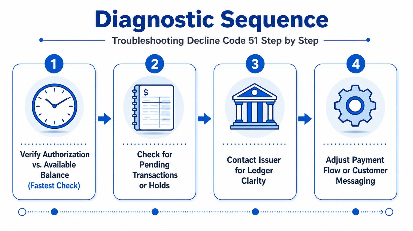 A four-step diagnostic sequence infographic for troubleshooting merchant decline code 51 issues with payment transactions.