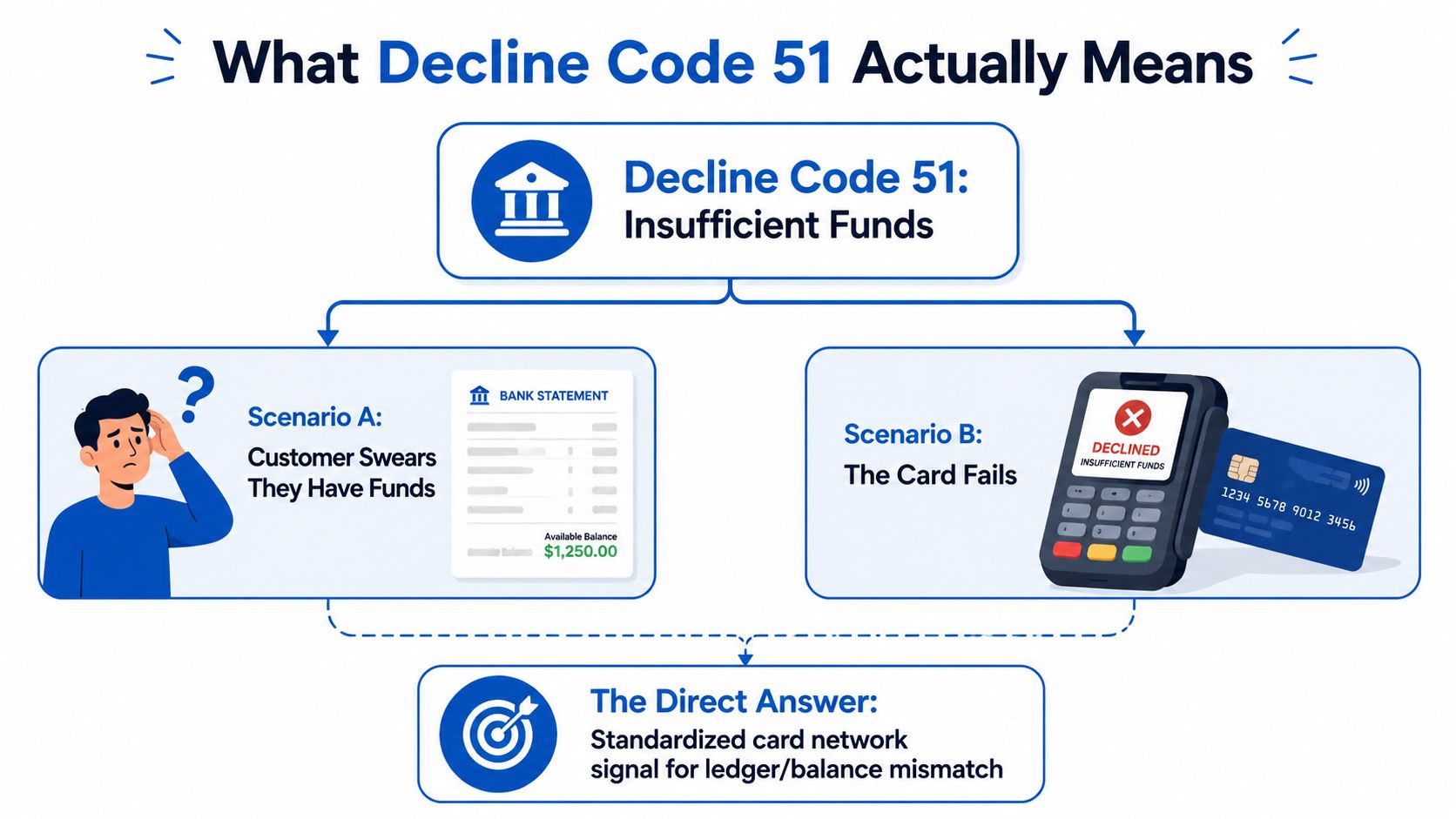 A flowchart explaining decline code 51 as a payment failure due to insufficient funds in a bank account.