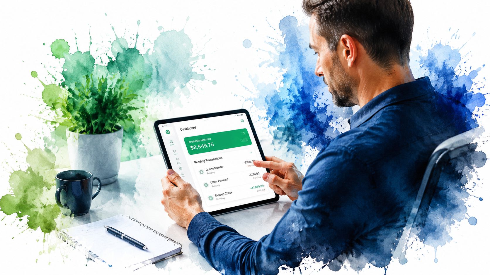 A man in a blue shirt managing his finances using a mobile banking app on his tablet.