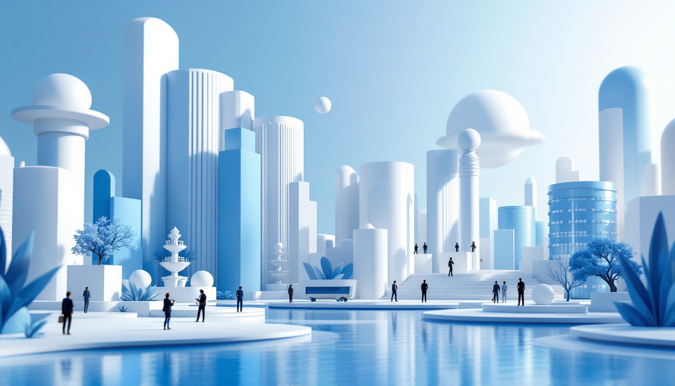 A 3D illustration depicting Singapore's stablecoin regulations, with a blue-white gradient skyline.