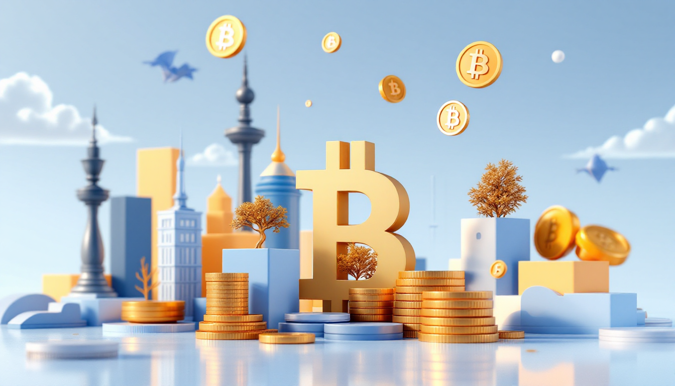 A 3D illustration featuring Bitcoin theme; a blue-white gradient background and urban skyline.