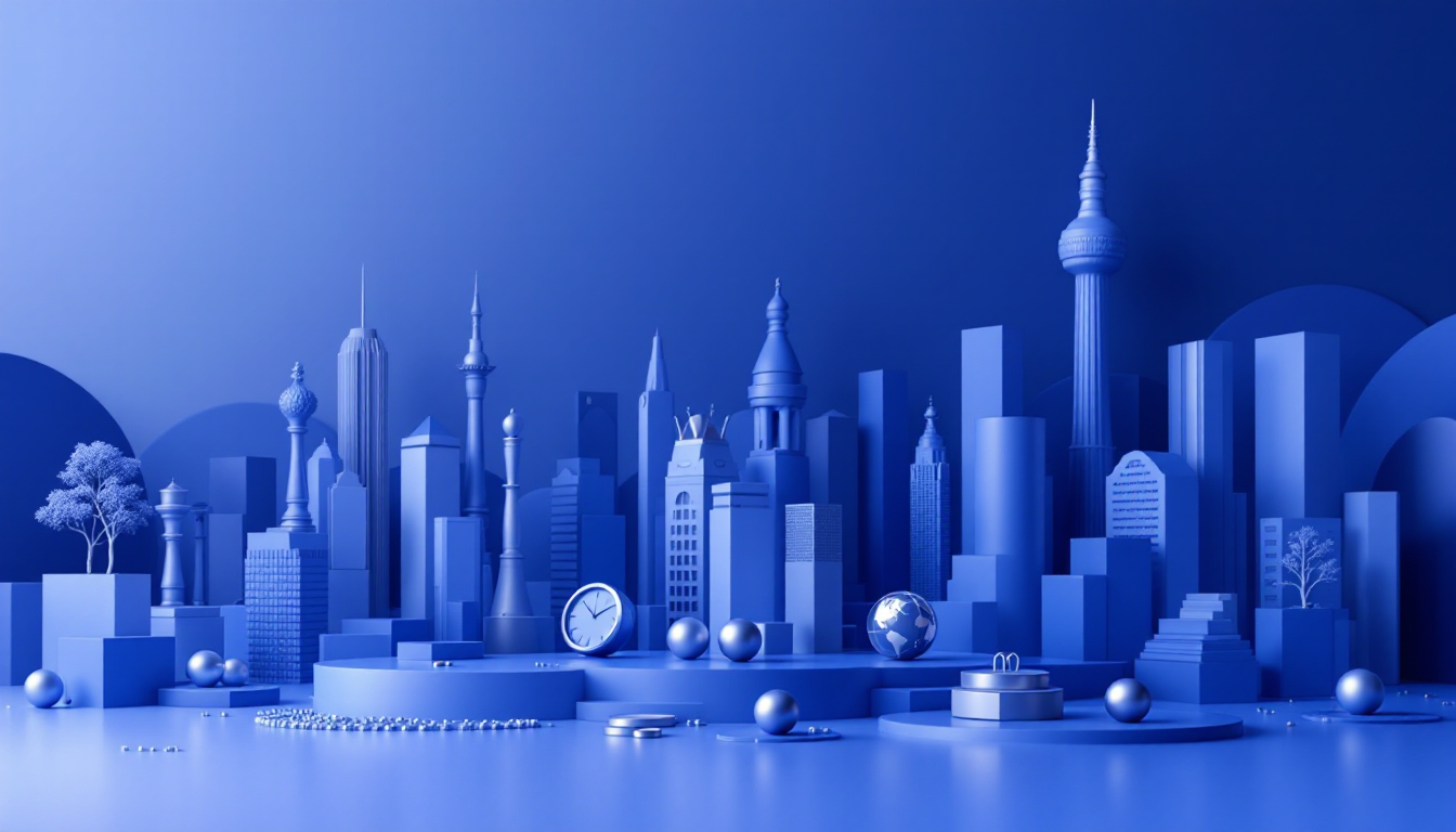 3D illustration depicting Solana's price dynamics with a blue-white gradient background and skyline.