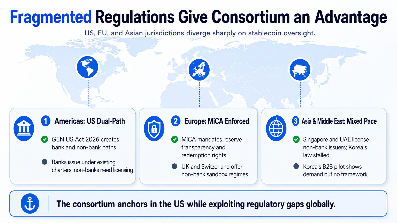 Global map showing fragmented stablecoin regulations across the US, Europe, and Asia with the consortium exploiting gaps.