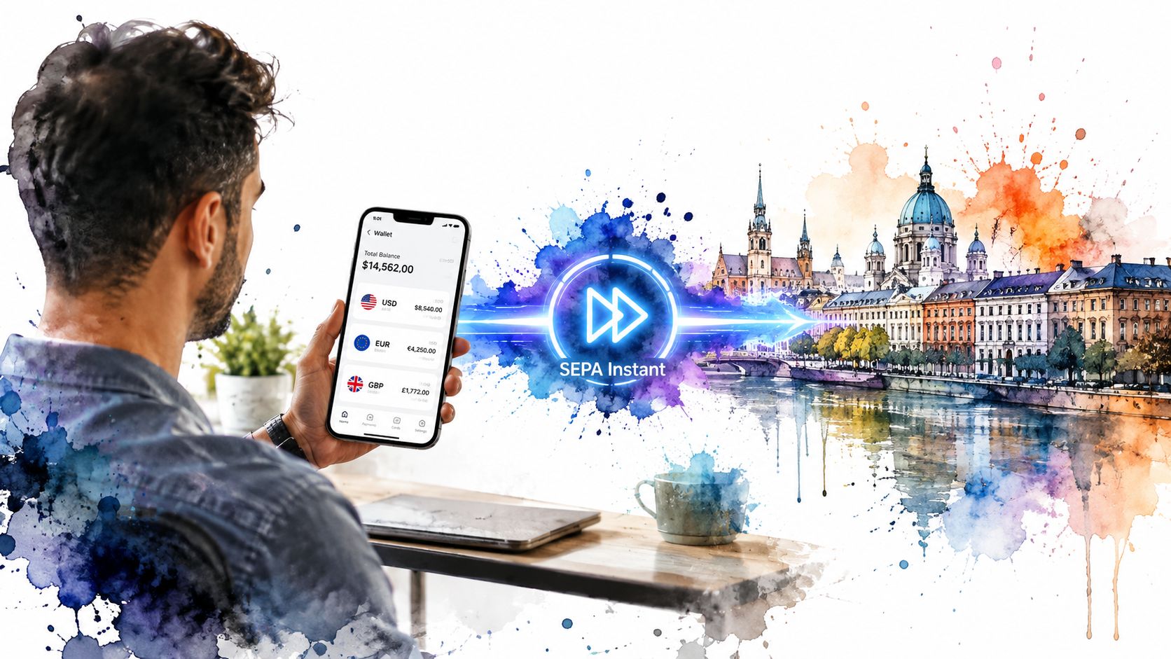 A person using a smartphone app to manage currency accounts with a digital transfer visualization to Europe.