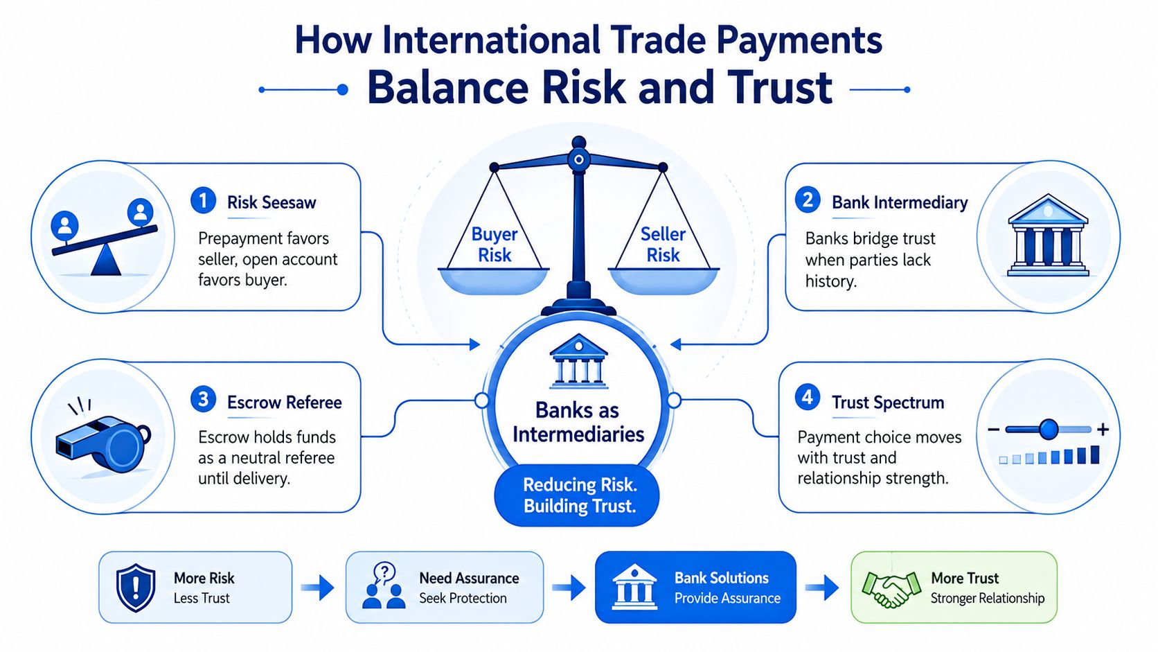 An infographic illustrating how banks act as intermediaries to balance risk and trust in international trade payments.