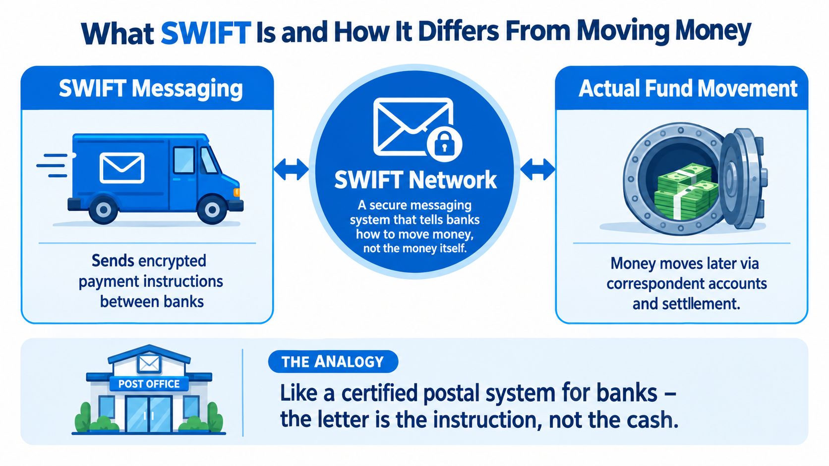 An infographic explaining that the SWIFT network transmits secure payment instructions between banks, rather than moving money.