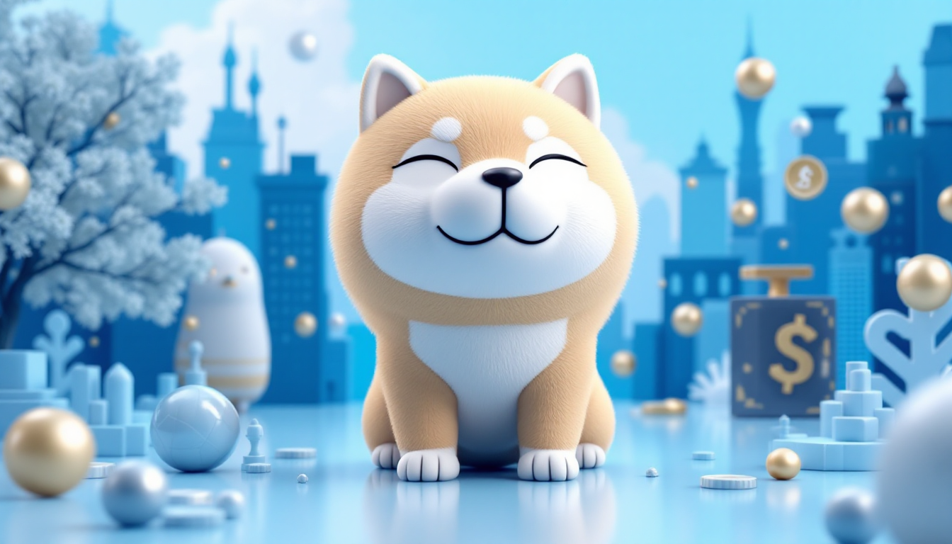 A 3D illustration of Shiba Inu token trends set against a blue to white gradient urban skyline.